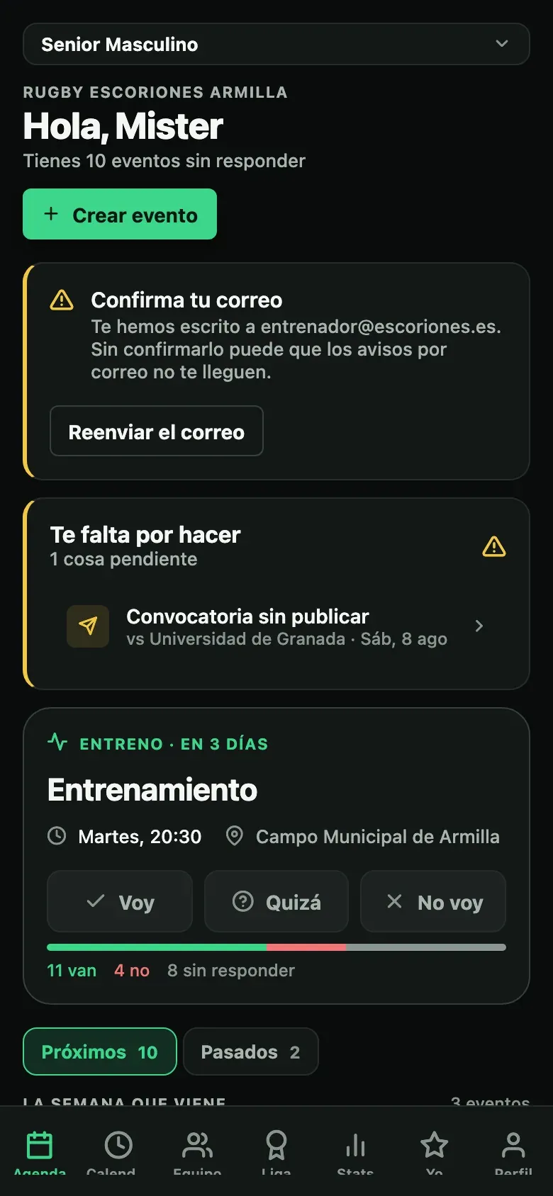 Agenda de Kanteo con los próximos entrenos y partidos del equipo.