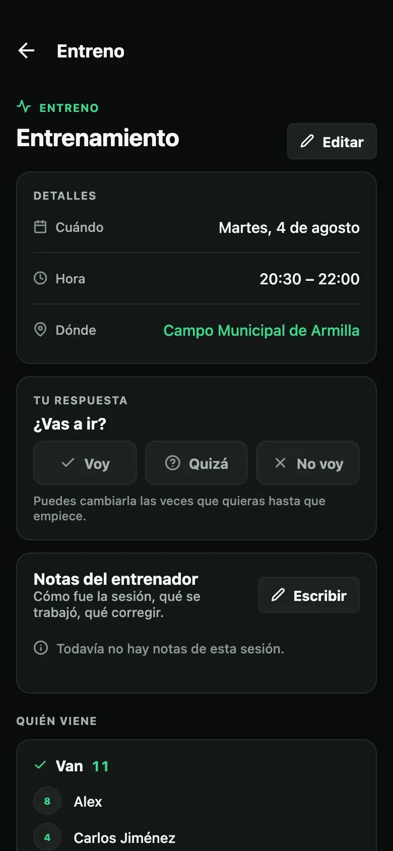 Pantalla de un partido en Kanteo con el recuento de respuestas y la lista de jugadores convocados.
