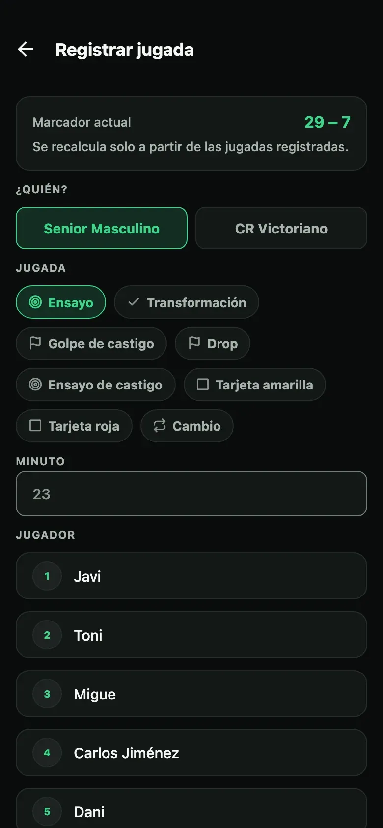 Registro de jugadas de Kanteo durante un partido, con el marcador actualizándose.